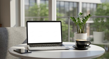 Fototapeta premium Modern Home Office Workspace: Laptop with Blank Screen, Smartphone, Coffee, and Plants by Window