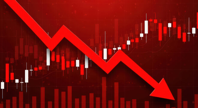 A Dramatic Red Arrow Plunging Downward Over a Red Candlestick Chart, Illustrating Economic Downturn, Market Crash, and Negative Financial Performance in Global Markets