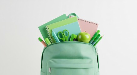 Stylish Mint Green Backpack Filled with School Supplies and a Green Apple - Back to School Concept