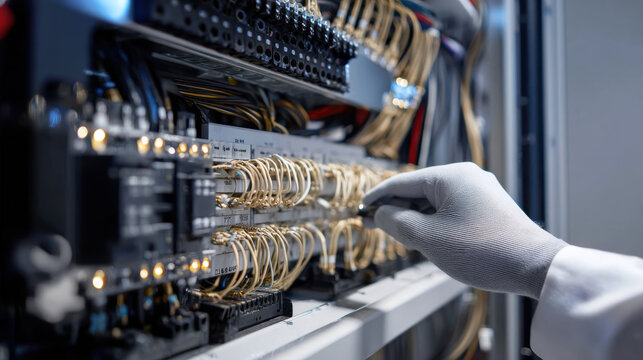 The electrician is inspecting the wiring of an electrical panel.