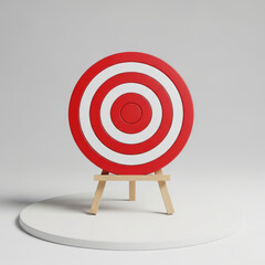 Red and White Target on a Wooden Tripod Stand Against a White Background Symbolizing Goals, Accuracy, and Achievement in a Minimalist Style