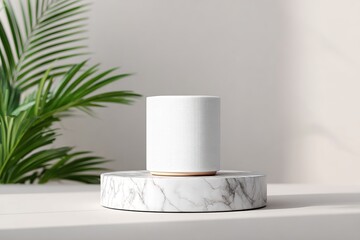 Speaker displayed on a marble island with an abstract AR interface