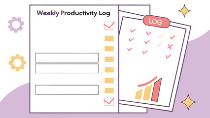 Illustration of a weekly productivity log with checklist and progress chart on a purple background