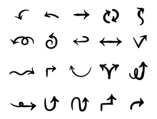 direction arrow including curved, straight, rotating, and diagonal pointers hand drawn with brush set collection pack bundle black shape icon silhouette vector