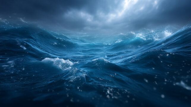 stormy ocean surface viewed from underwater, dark blue tones, turbulent water, cloudy sky above, dramatic lighting, underwater photography, tension and mystery, realistic textures