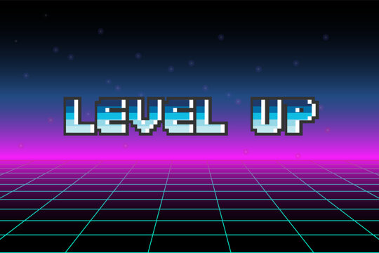 LEVEL UP on blue background .pixel art .8 bit game.retro game. 