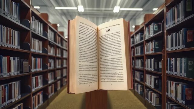 Literacy concept animation with changing text overlay and open book between library shelves for learning footage.
