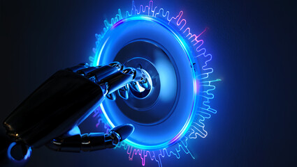 Robot Hand Touching Futuristic Button.