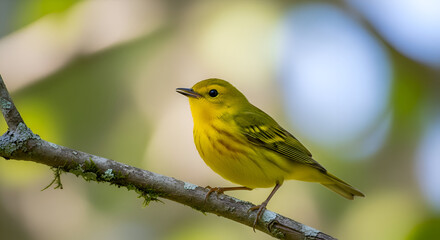 A bright yellow warbler bird perched on a tree branch in nature