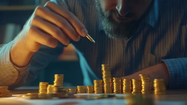 Businessman counting gold coins on desk. Money accumulation for prosperity.
