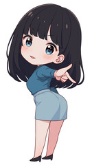 明るい笑顔とポップなファッションが印象的なレトロアニメ風の女の子が、指差しで誘導・案内している構図。ナビゲーションやガイド役に適したアイコン的存在感のイラスト。