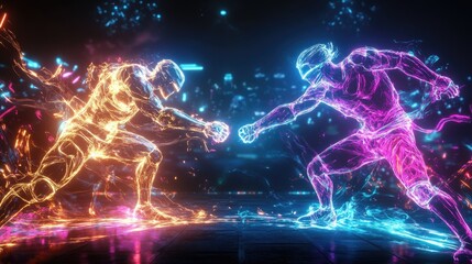 Electrified versus battle design using glowing neon accents to highlight the thrill of competitive tournaments
