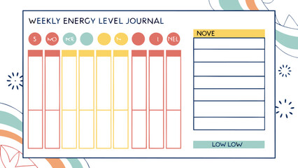 Weekly energy level journal with colored day indicators and note section for tracking personal energy levels
