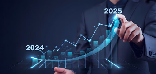 Navigating the Ascent: A person in a suit points to a luminous, data-driven growth chart. Visualizing a dynamic future in a conceptual business forecast. 