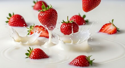 Bright strawberries falling into milk causing a splash on a white surface with scattered berries