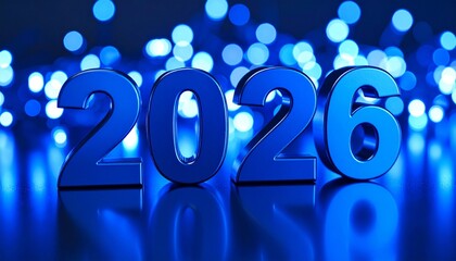 A macro shot of a sleek, metallic "2026" sign glowing under blue LED lights on a glossy surface, resembling a high-definition studio capture