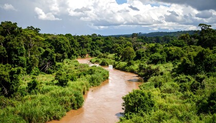 Obraz premium Panoramic view of a lush green forest along a river in a natural setting