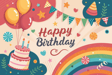 Colorful Happy Birthday Greeting Card Background Vector – Festive Celebration Design with Balloons, Confetti, Typography, Party Elements, Ideal for Invitations and Social Media Graphics

