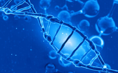 DNA strand on molecules scientific background. 3d illustration