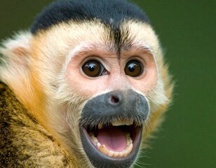 Expressive close-up of a surprised squirrel monkey with its mouth open, showing wide eyes against a lush green background - shocked funny.