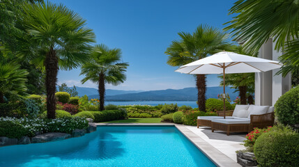 Fototapeta premium elegant backyard pool area with white parasol and wicker chairs, surrounded by palm trees and green landscape, clear blue sky outdoor luxury, peaceful backyard, poolside furniture,