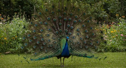 Obraz premium 鮮やか羽根 緑背景 孔雀誇示 太陽光輝き