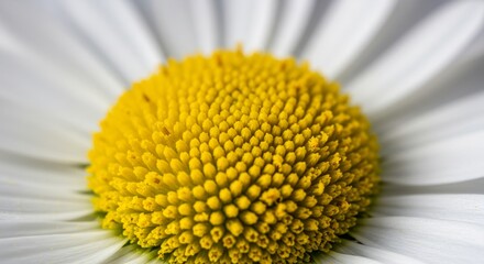 輝く中心 鮮やか黄色 花びら白く 繊細な質感 極上マクロ撮影. AI Generated