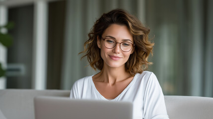 Stylish woman in glasses using a laptop in a sunlit room, relaxed yet professional look, light background, peaceful atmosphere, modern lifestyle SEO: stylish woman, female entrepre