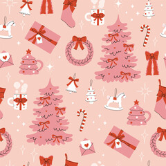 Seamless pattern of pink Christmas with winter attributes. Vector graphics.
