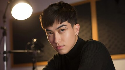 Young Asian Man in Studio Portrait, social media post with like and viewer counts.