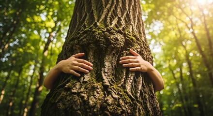 Embracing Nature A Person Hugging a Tree Trunk in a Lush Forest