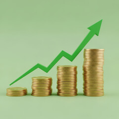 Stacks of Coins with Ascending Green Arrow Depicting Financial Growth and Investment Returns on a Green Background Representing Prosperity and Wealth
