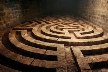 Fractal labyrinth bathed in bright orange hues evokes a sense of chaos and mystery in an intricate design