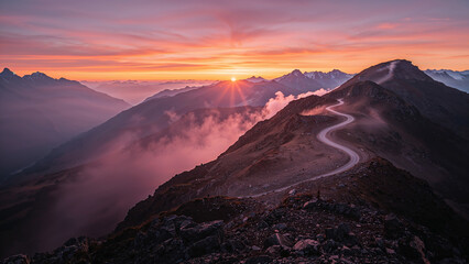 Obraz premium Winding mountain road at sunset illuminating majestic peaks