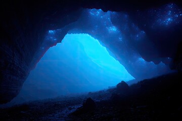 Dark cave opening to a vibrant blue ethereal space