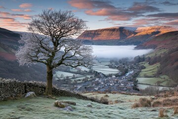 Panoramic winter landscape, frosty valley village, mountain backdrop