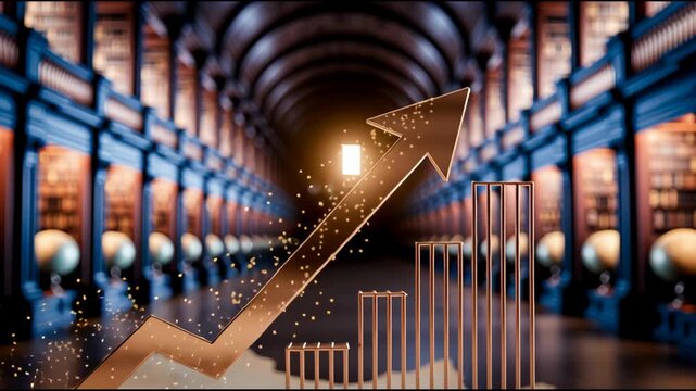Glowing Arrow Rises Dramatically Over Bar Graph in Grand Library Shelves, Symbolizing Growth and Knowledge