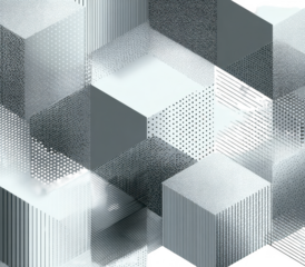 Abstract 3D cubes in grayscale, textured with lines and dots