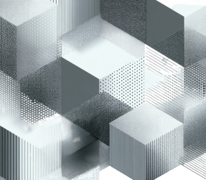 Abstract 3D cubes in grayscale, textured with lines and dots