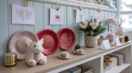 Whimsical nursery decor with dragon toy, paper plates, and flower arrangements. St Davids Day