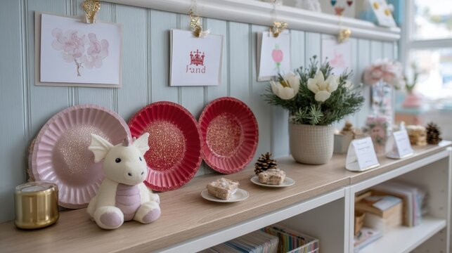 Whimsical nursery decor with dragon toy, paper plates, and flower arrangements. St Davids Day