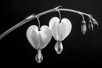 Two delicate white bleeding heart flowers hang from a curved branch against a dark background in a black and white photograph