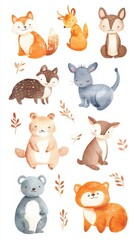 Naklejka premium Cute watercolor woodland animals collection with fox, rabbit, deer, and bear. World Animal Day