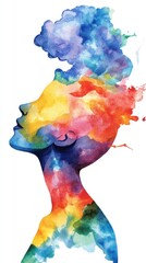 Colorful silhouette of woman with vibrant watercolor paint explosion. World Mental Health Day