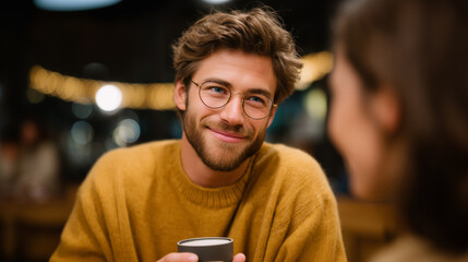 man in glasses smiling and holding coffee cup while looking at his girlfriend in cozy cafÃ©, warm lighting and wooden interior romantic cafe date, cozy atmosphere, modern couple, hi