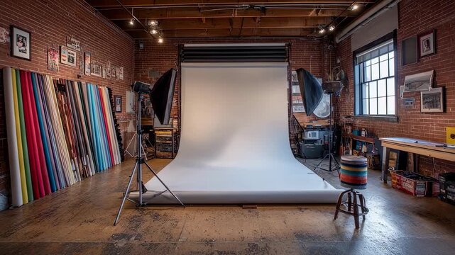 Industrialstyle photography loft featuring curved seamless background tripodmounted DSLR softbox lighting setup and an organized collection of colored backdrop rolls and props
