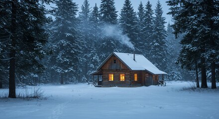 Cozy cabin glowing in snowy forest at twilight