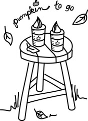 Hand-drawn pumpkin latte vector doodle. Pumpkin lattes to go, whipped cream, falling leaves, and a stool. A delicious fall scene.