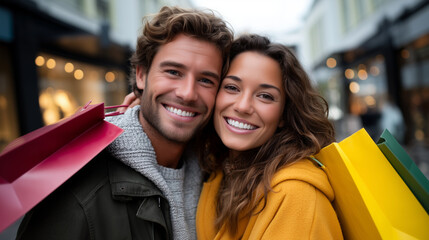 happy couple hugging while window shopping in city, colorful shopping bags in hand, urban romance, smiling man and woman enjoying shopping day, stylish casual outfits, daylight sce
