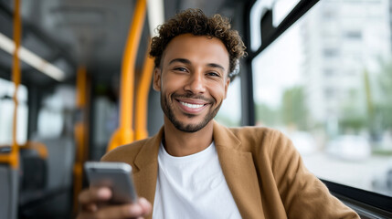 young man commuting by public bus, smiling while holding smartphone, casual business attire, modern city transport, mobile ticketing app, morning routine, urban lifestyleman on bus